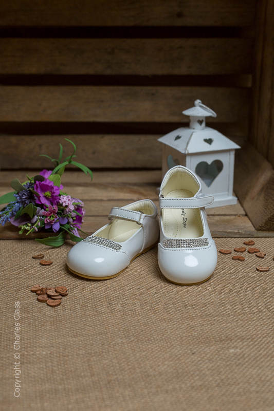 Girls White Princess Diamante Patent Leather Shoes